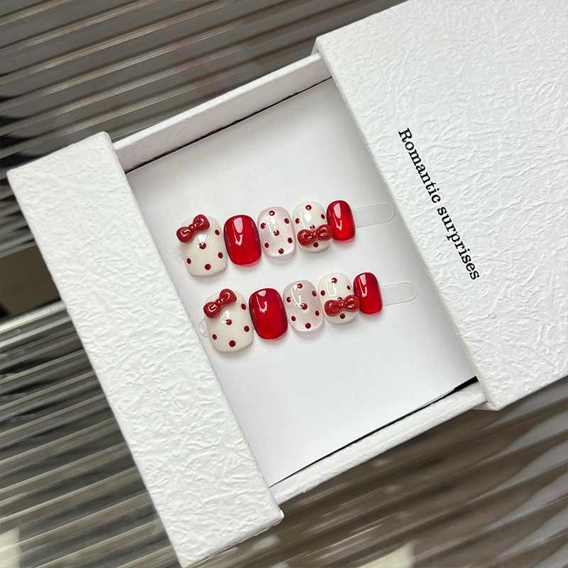 手工秋冬纯欲风红色猫波点蝴蝶甲