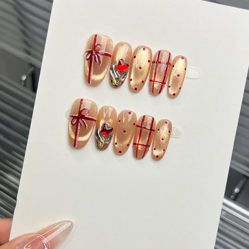 【冬日礼遇】晕染波点猫眼圣诞蝴蝶结显白高级感纯手工美甲穿戴甲,彩妆/香水/美妆工具,穿戴甲/甲片,淘宝优惠券,粉丝福利购,淘宝优惠卷