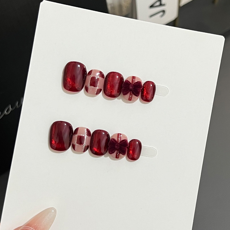 显白棋盘格甜心蝴蝶结穿戴甲贴片