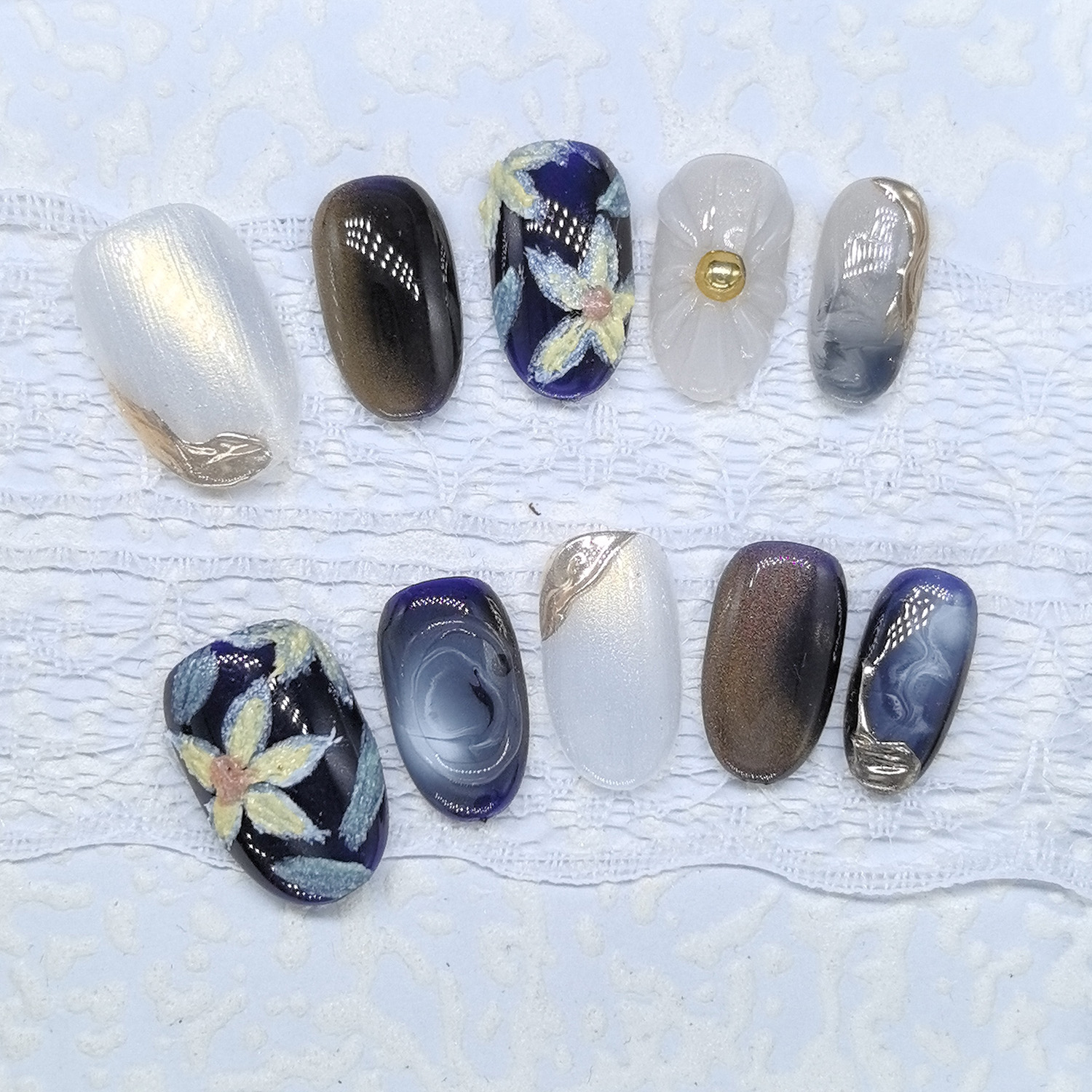 原创【蓝语】新款高级晕染手绘石膏花语名媛贵妇气质显白穿戴甲