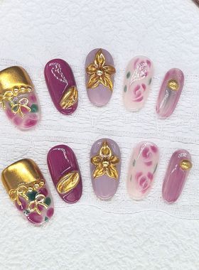 原创【紫棠花】秋冬紫色显白美甲纯手绘立体海棠花蝴蝶结穿戴甲