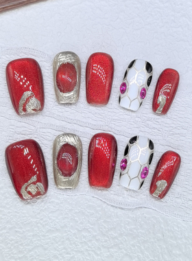 原创【蛇影红馥】爆闪辣妹纯手工手绘蛇纹轻奢红色猫眼美甲穿戴甲