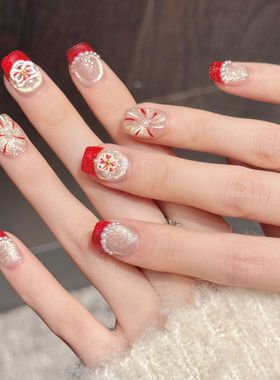 原创【醒狮纳福】新年醒狮福字红金闪钻美甲国风手工穿戴甲片