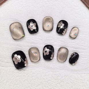 原创【山花】秋日爆款高级黑金色显白猫眼穿戴甲短款纯手工穿戴甲