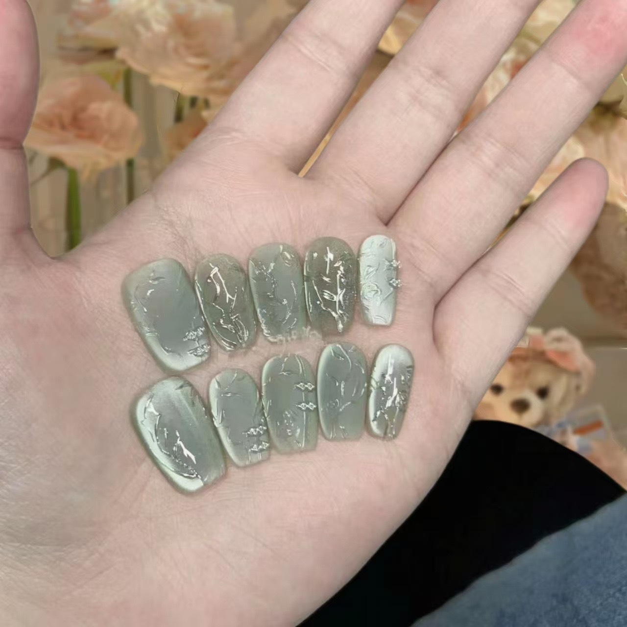 若芙手工国风翡翠绿美甲贴