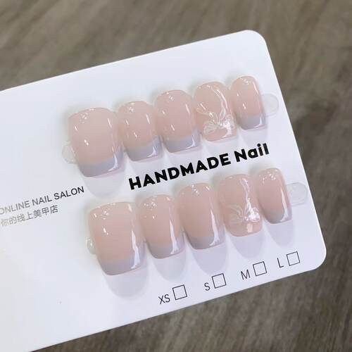 奶蓝法式蝴蝶结手工穿戴甲新年款