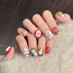 原创【麻将开运】麻将元素红黄绿纹纯手工穿戴甲开运感美甲片