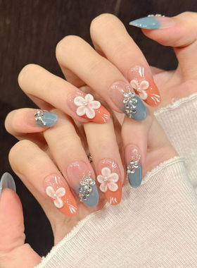 北洋花晨温柔腮红雾霾蓝渐变手工雕花碎钻穿戴甲女款潮流设计