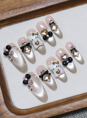 新款纯手工穿戴甲豹纹猫咪裸色猫眼法式波点爆闪香槟钻美甲贴片
