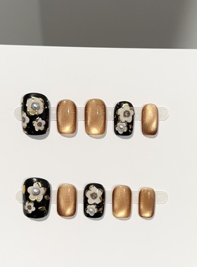 纯手工穿戴甲片高级感秋冬黑金小花猫眼短款美甲片轻奢假指甲贴片