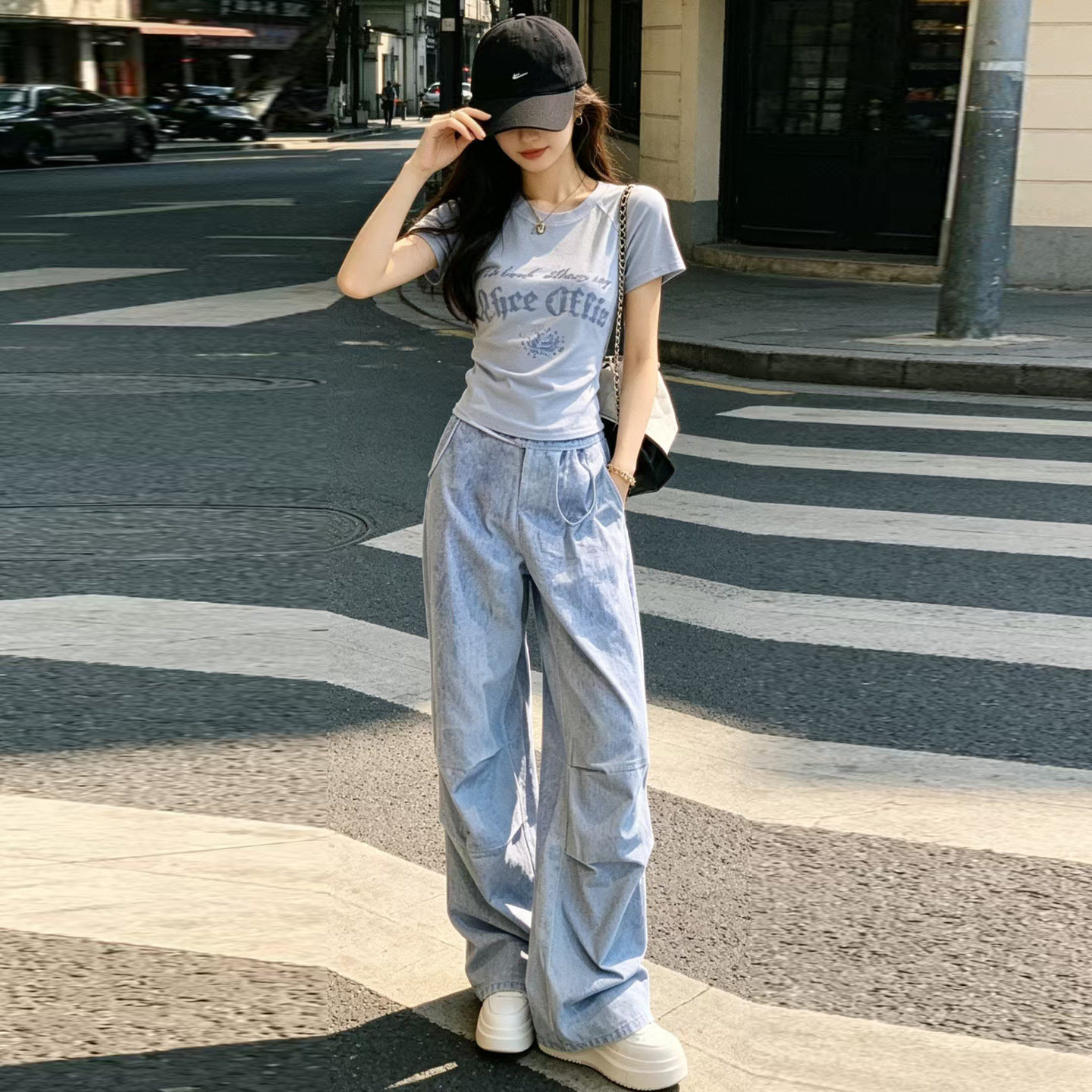 港风超火休闲运动套装女夏薄款洋气潮流蓝色字母短袖牛仔裤两件套