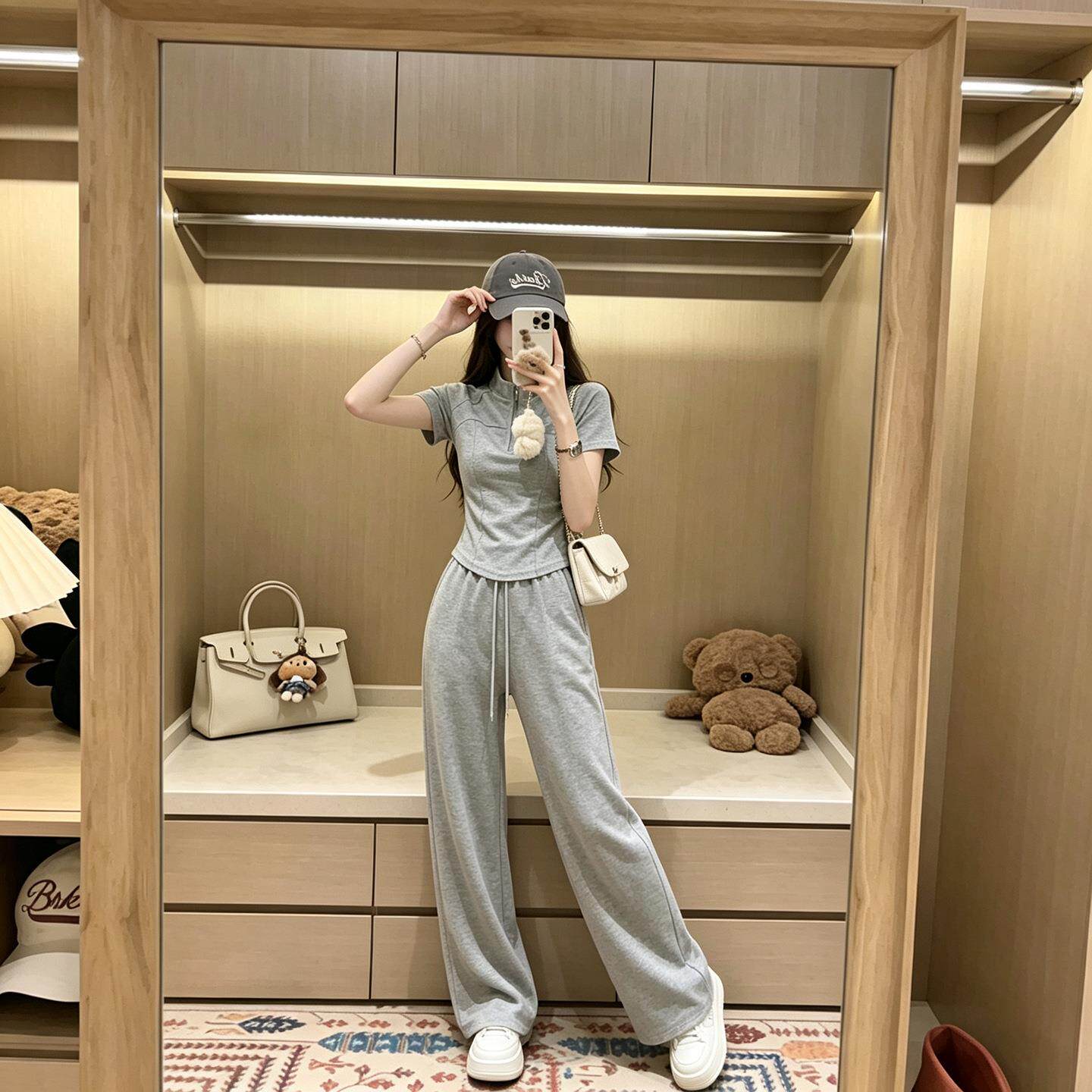 灰色半拉链立领短袖套装女夏季