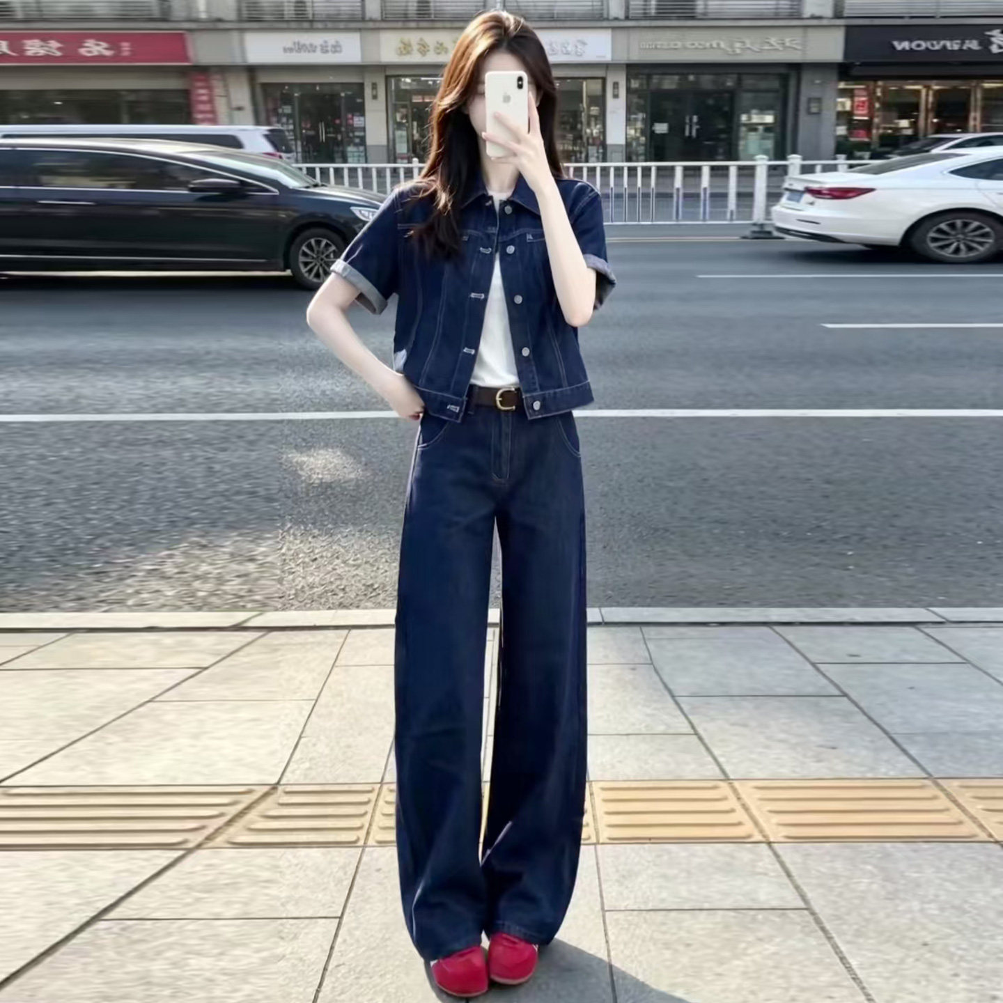 复古牛仔休闲套装女夏季减龄洋气显瘦短袖短外套阔腿裤薄款两件套