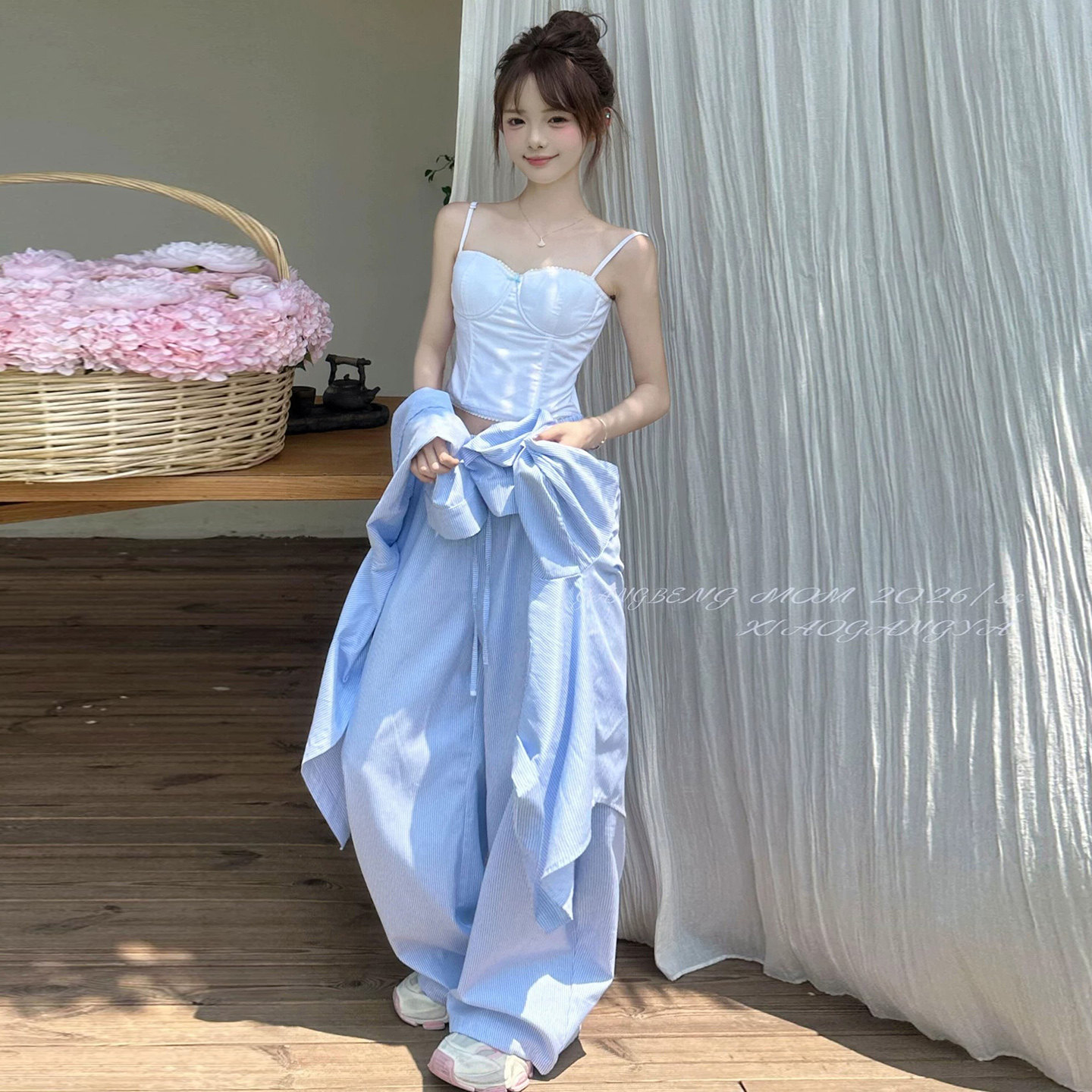 夏日ootd穿搭套装女款韩系休闲运动防晒长袖衬衫吊带阔腿裤三件套