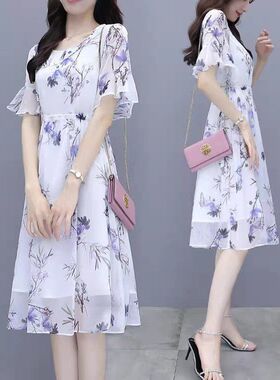 雪纺连衣裙女装清仓特卖9.9元特价夏季印花a字中长款收腰碎花裙子