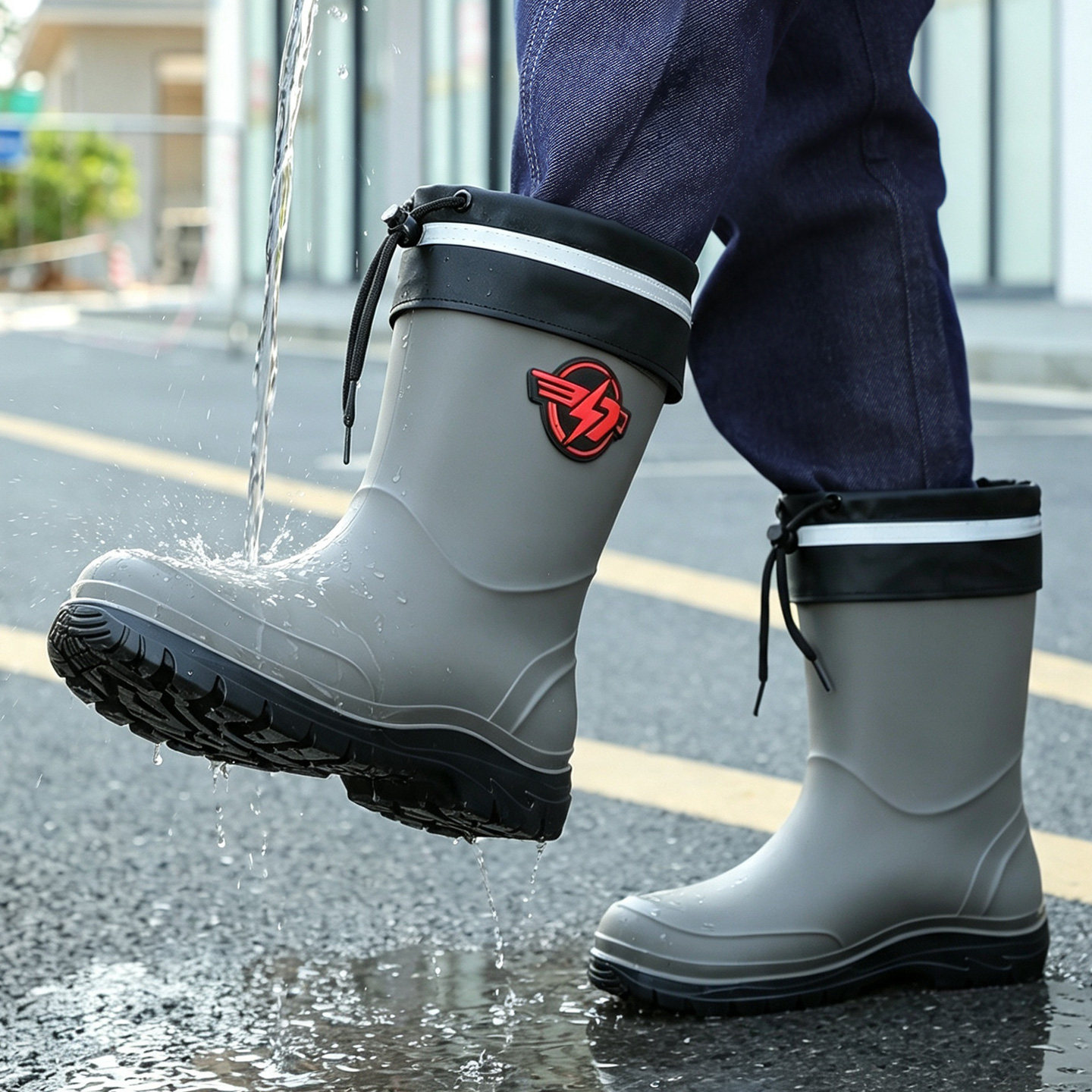 秋冬加绒内胆可拆男款中筒雨鞋防水防滑厚底工作胶鞋户外钓鱼雨靴
