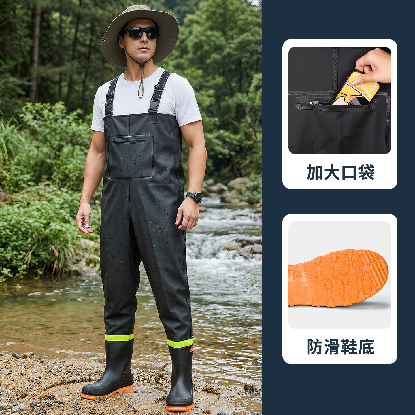 男款下水裤加厚防水衣服连体半身雨裤带雨鞋全身水叉裤涉水捕鱼裤