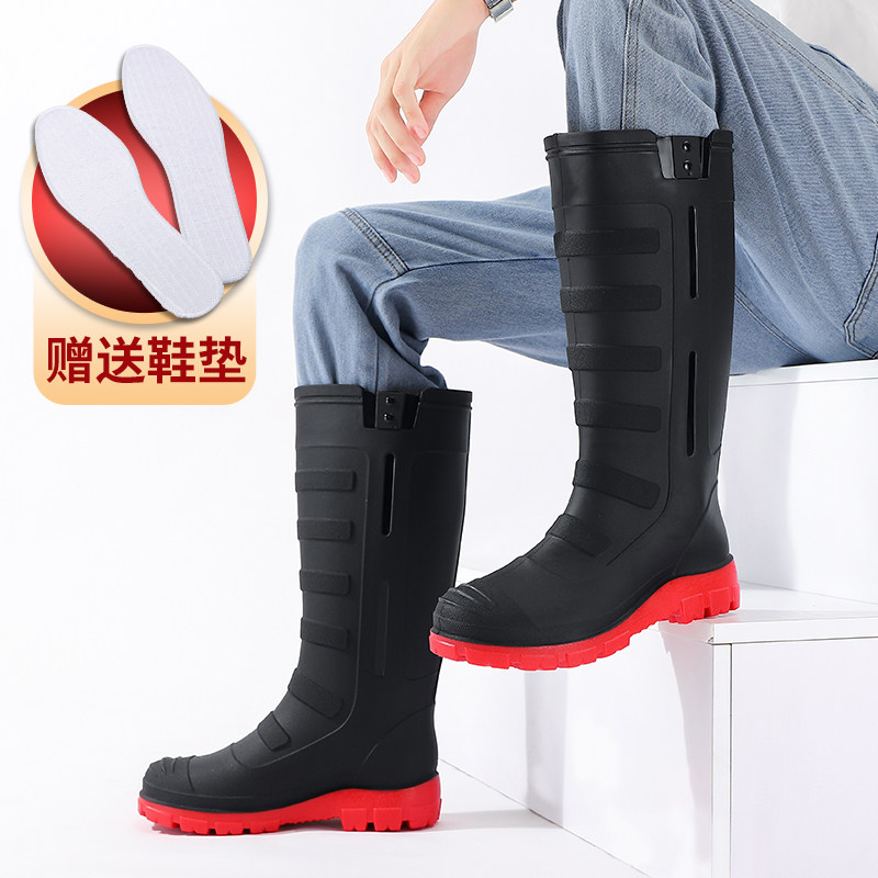 军登加厚底雨鞋男款劳保长筒登山工地耐磨雨靴防水鞋中筒防滑胶鞋