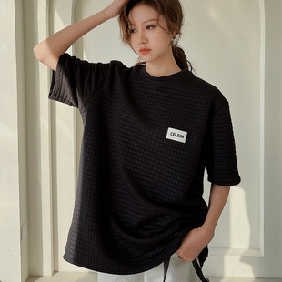 Q宽松潮流短袖T恤女夏季网红潮牌中长款白色华夫格半袖上衣女款