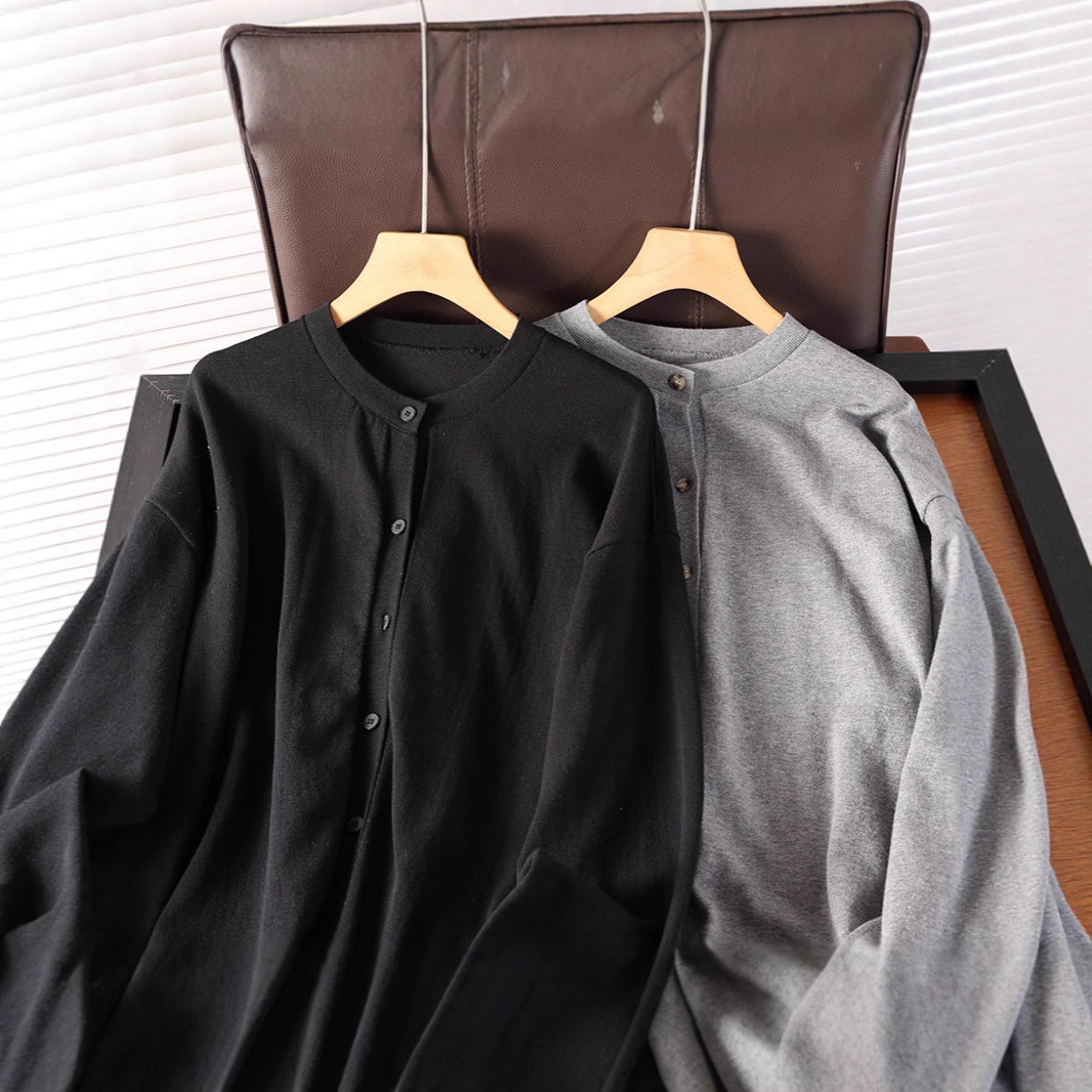 北欧小众！OS家！灰色弧形下摆圆领落肩长袖宽松休闲针织开衫上衣