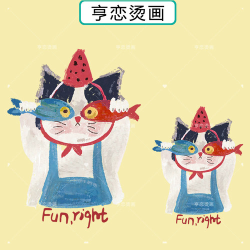 趣味小鱼眼镜猫咪字母图案热转印装饰胶印辅料高弹白墨胶印烫画贴