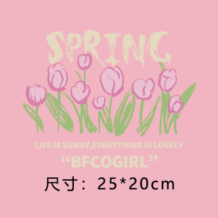 过粉T恤卫衣胶印烫画 网红ins字母郁金香花朵图案热转印衣服贴柯式