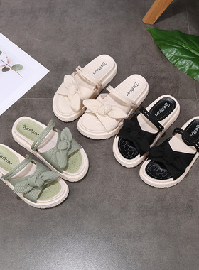 2024夏季蝴蝶结休闲圆头白色橡胶坡跟松糕舒适现货仿皮一字型