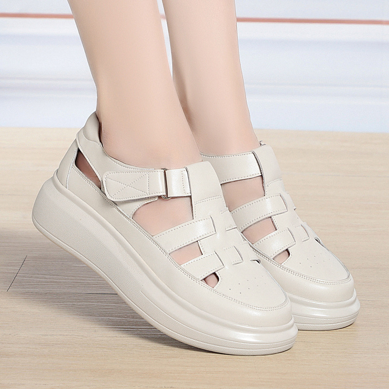 夏季新款厚底凉鞋包头镂空透气女鞋大码松糕厚底魔术贴凉鞋妈妈鞋