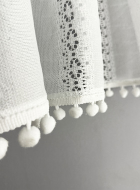 波西米亚毛球编织蕾丝短帘白色厨房小窗帘成品窗帘杆口袋家居装饰