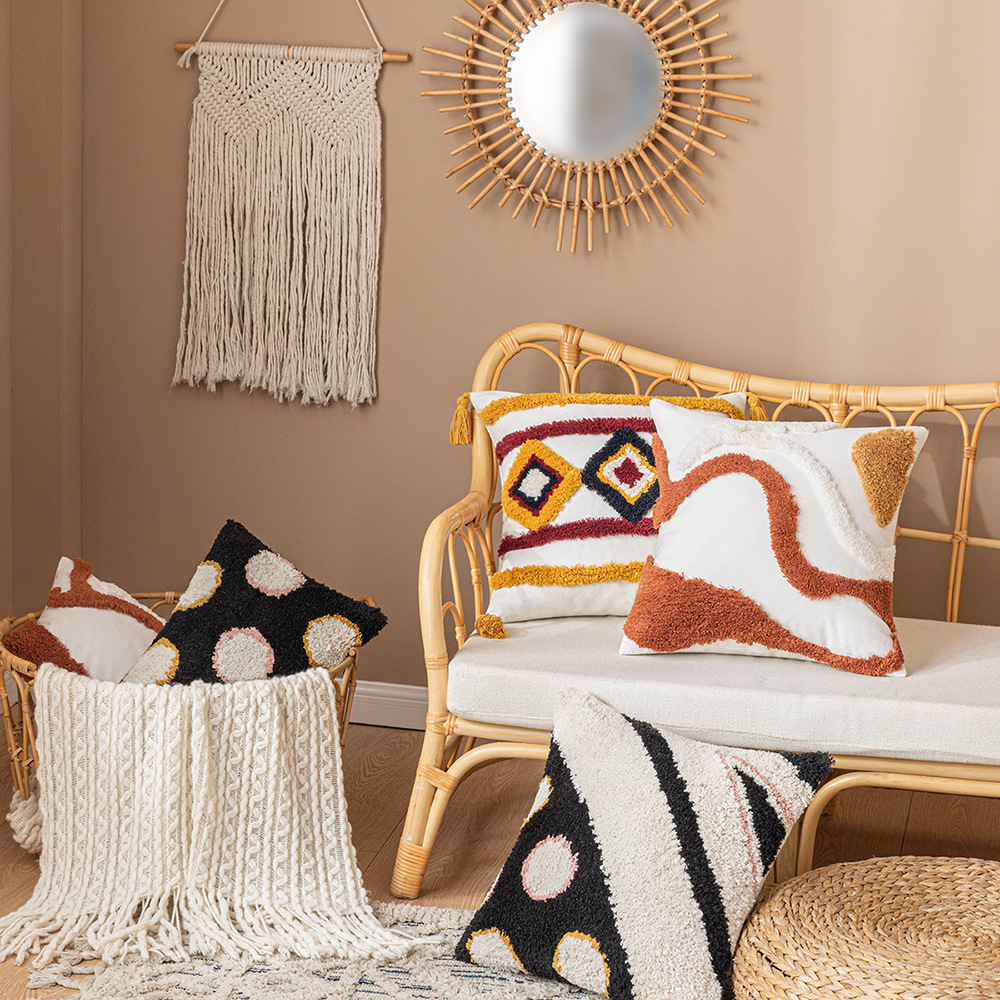 ins风簇绒抱枕套咖啡色系靠垫套几何图案客厅沙发床上腰枕靠背