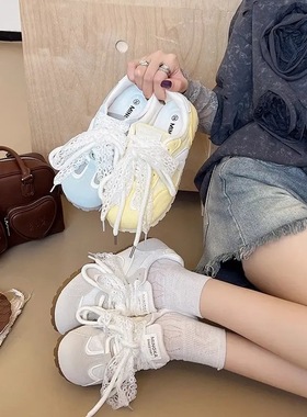 芭蕾风小众蕾丝德训鞋女黄色春夏季平底运动2025新款透气休闲板鞋