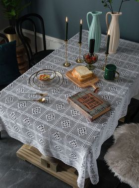 美式乡村针织白色钩针桌椅桌布镂空麻棉茶几餐桌台布盖一件代发