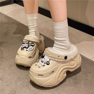跨境冬季高跟eva加绒加棉10CM洞洞鞋女包头鞋外穿厚底保暖增高鞋