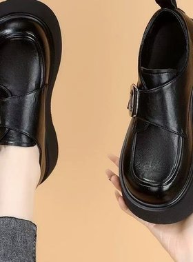 英伦风乐福鞋女2025年春季新款魔术贴厚底增高软底小皮鞋黑色