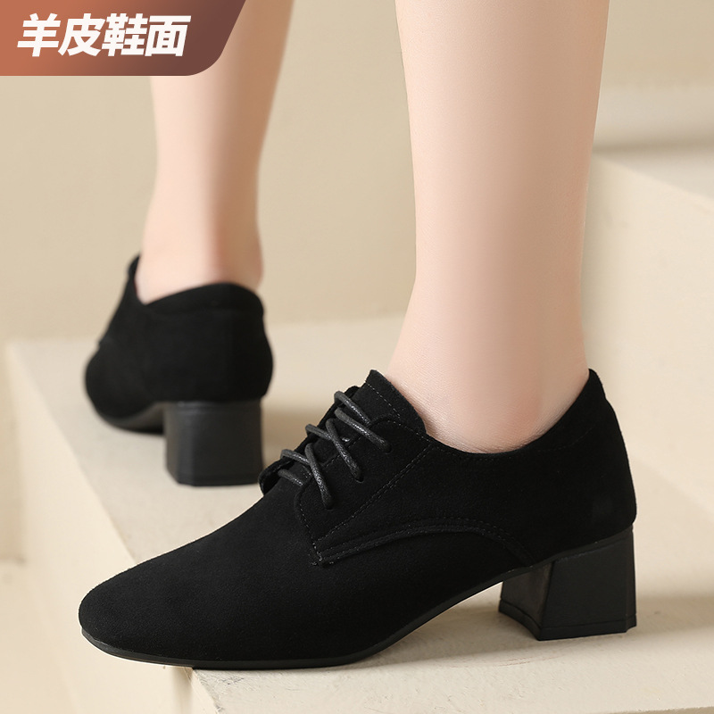 复古风翻毛皮乐福鞋女系带2025春季新款方头中跟女鞋粗跟百搭