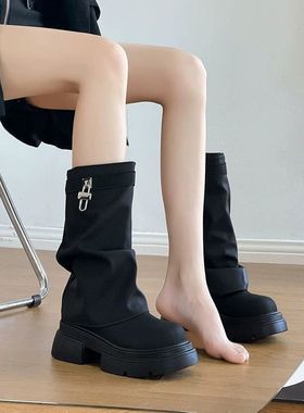 今年流行爆款马丁靴女2024新款秋冬加绒百搭堆堆裤管靴白色短筒