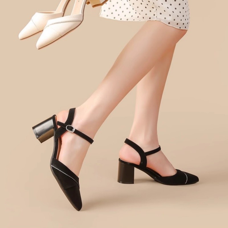 现货气质粗跟尖头一字带乐福鞋软底通勤单鞋2025夏季新款后空凉鞋