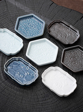 陶瓷茶点盘中式供佛干果小盘复古点心零食托盘海浪霾蓝壶承干泡盘