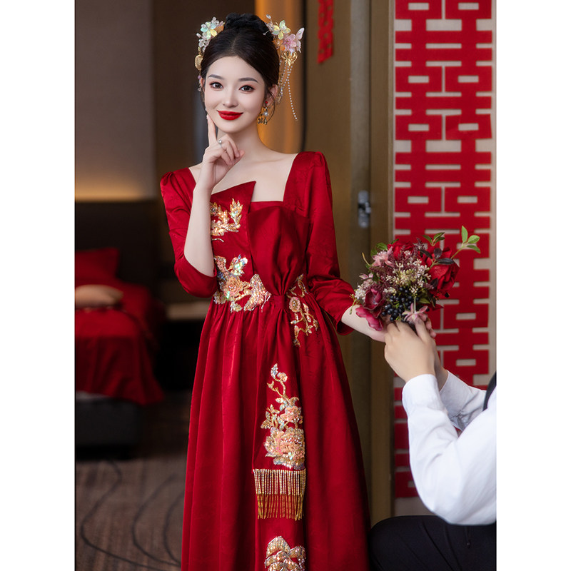 速发高色敬中式新酒服新娘结婚红礼服/晚装