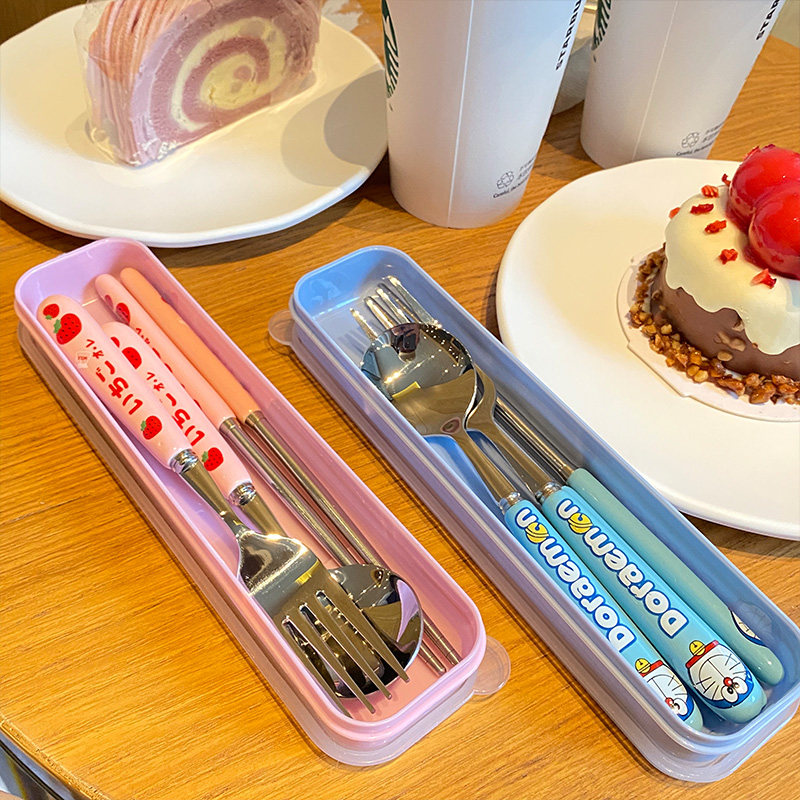 速发04不锈钢勺装筷子爱子三件套子儿童可叉草莓餐具小学生便携上