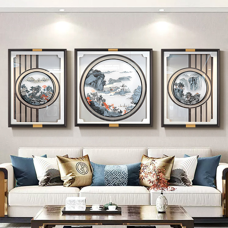 速发新中式客厅装饰画刺绣沙画背品墙挂发高级感苏绣成景山水三联