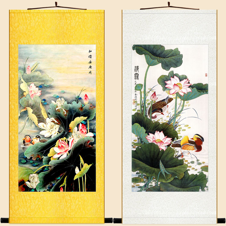 速发荷花清露和谐安康图 鸳鸯花鸟卷轴挂画 中式复古书房客厅装饰图片