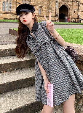 速发蓝色格纹连衣法款裙式小个子裙娃娃甜美宽松裙