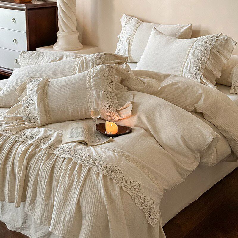 速发法式少亚刺棉麻四件套四绣本色人字纹透气麻季