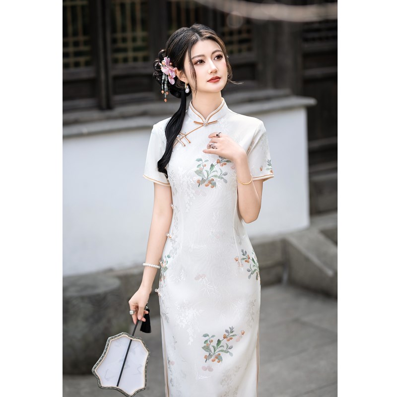 现货速发白色旗袍中长款小矮个子士年轻气质日常夏装连衣裙薄高级