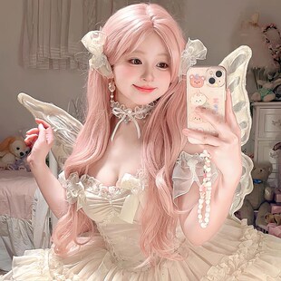 速发柔柔假发发粉色长卷发蓬松高颅顶卷头甜美自然长浅全发套