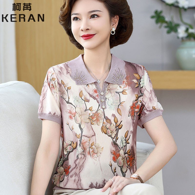 速发妈妈小气t恤领024新款中老年翻2洋衫夏装宽松上衣套装