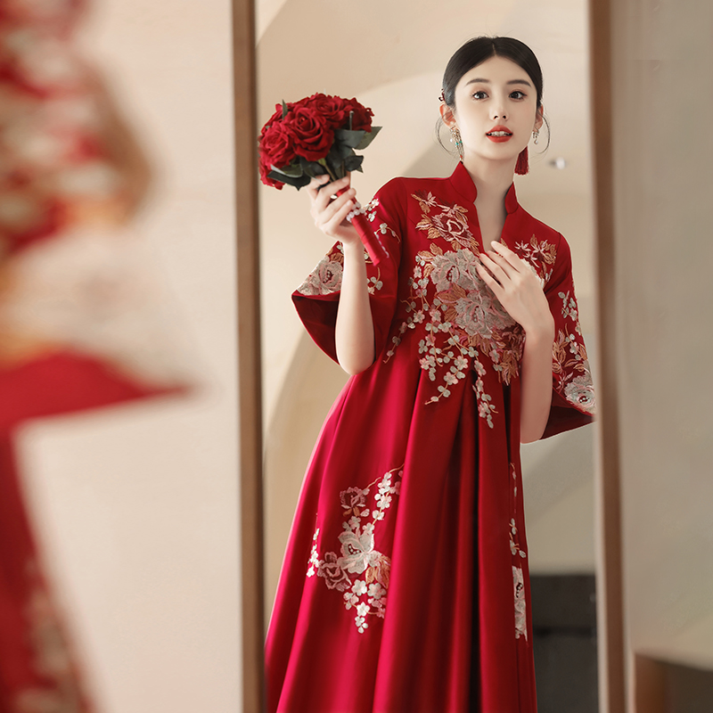 高货中式敬酒服2024新款新娘孕妇高腰遮肚子v领秀禾大码礼服