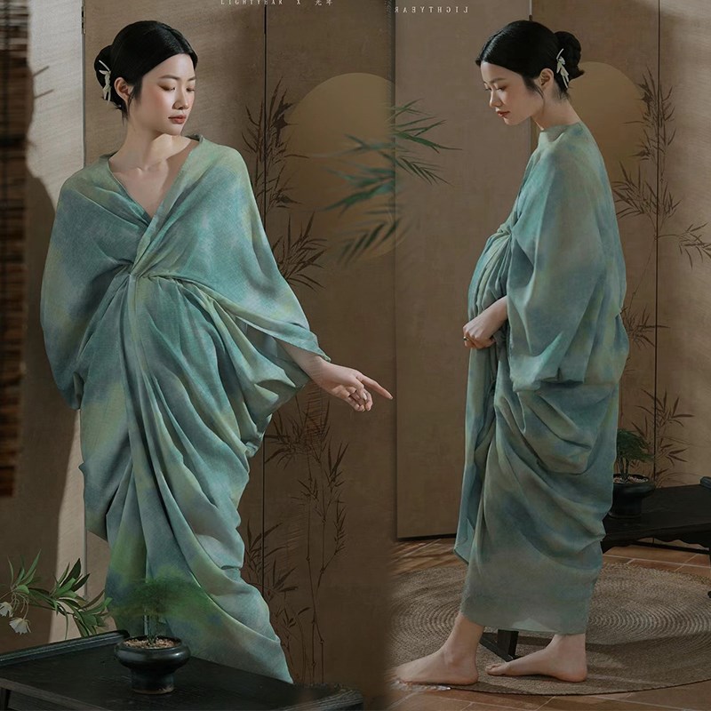 速发2024晕款影楼孕妇新中式中国风禅意大染连衣裙孕妈咪新肚照摄