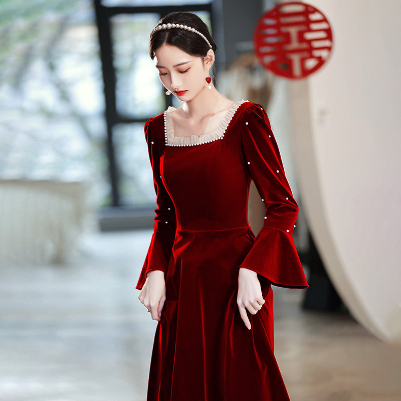 速发长订丝绒敬酒服新娘酒红色袖婚回门便装礼服连裙衣裙秋冬季长
